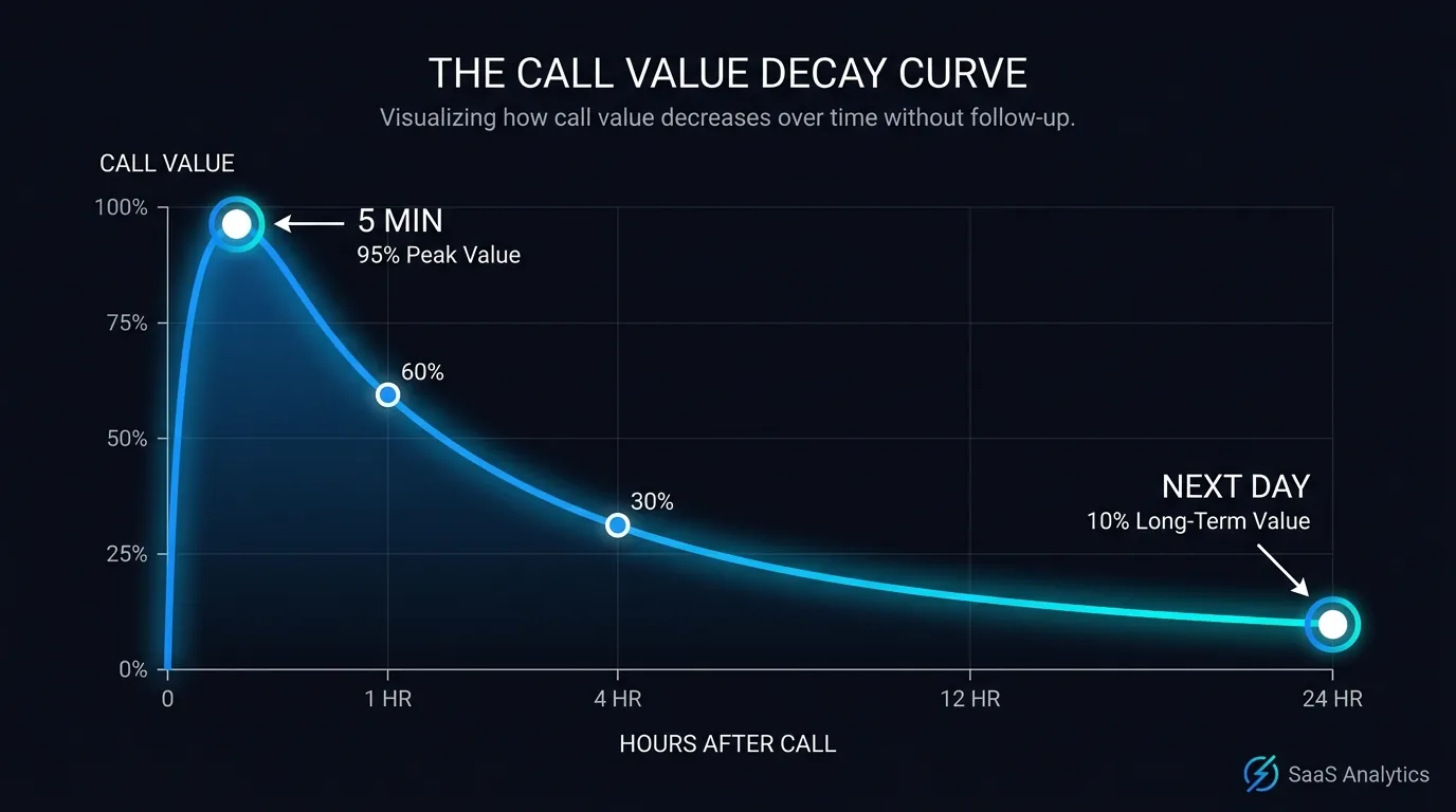 Chart showing the value of a sales call dropping fast over hours when a recording is left unreviewed.