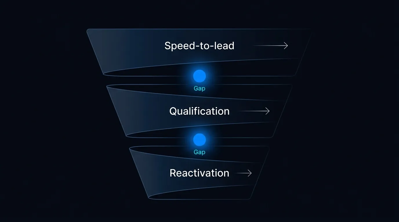 Three-stage sales funnel showing AI voice agent covering speed-to-lead, qualification and reactivation gaps