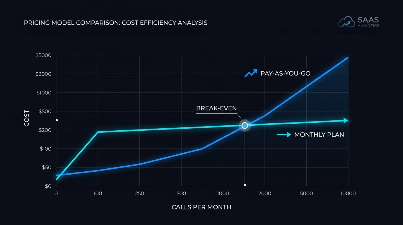 Break-even chart showing pay as you go versus committed monthly plan crossing at higher call volume