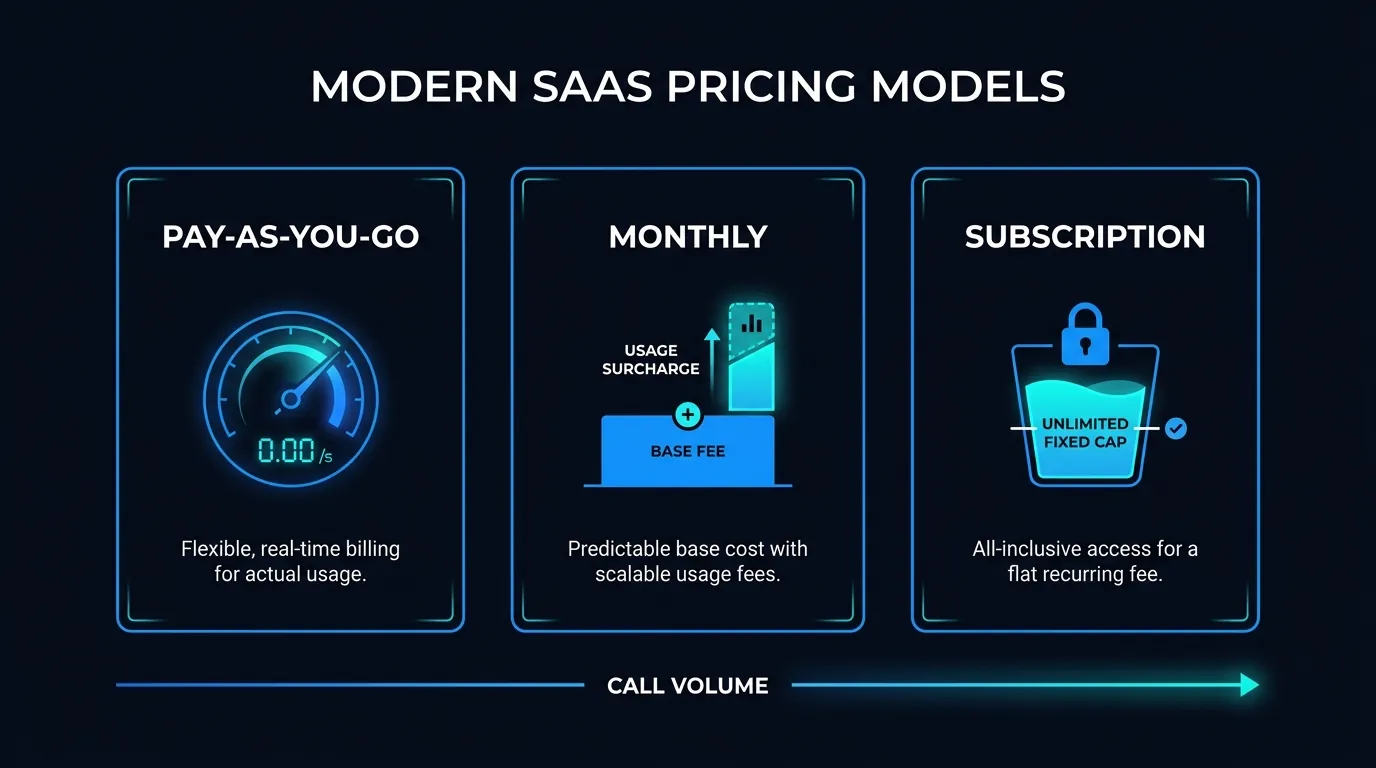 Three AI voice agent billing models compared by call volume for NZ and AU businesses