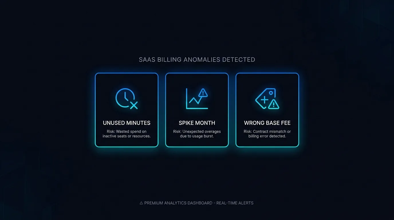 Three billing model traps shown as warning cards for unused minutes, spike months and wrong base fee