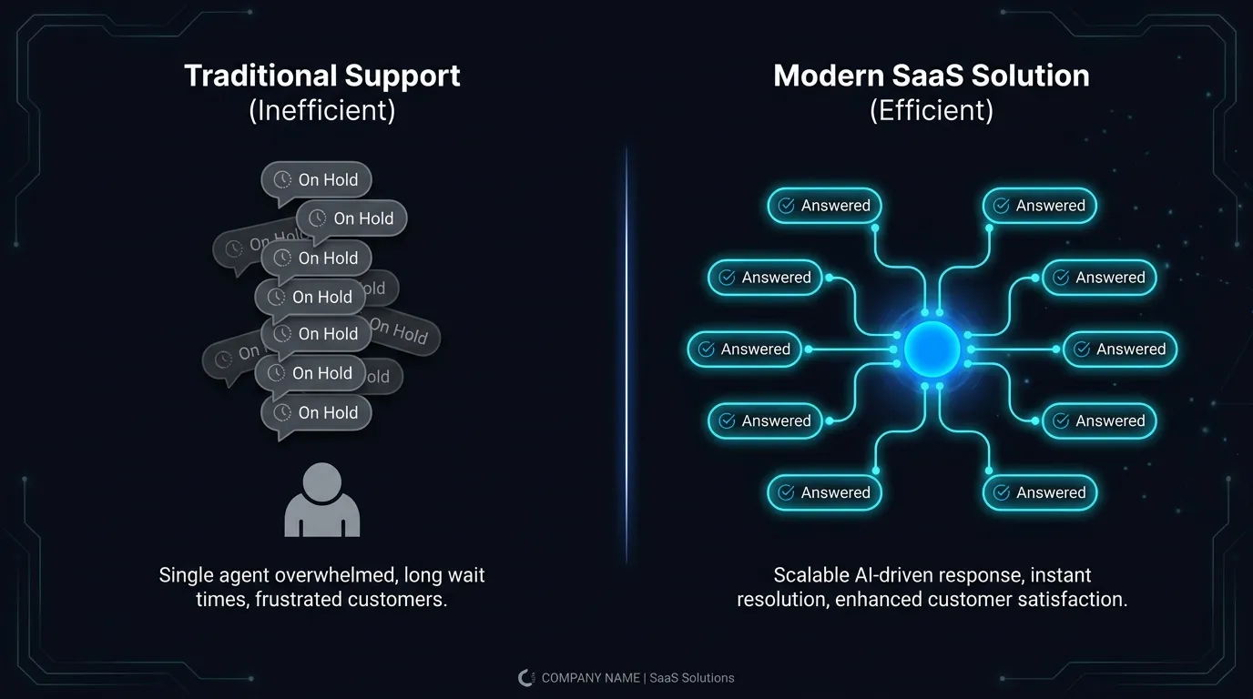 Busy-hour comparison showing one human receptionist on hold versus an AI agent answering ten calls at once