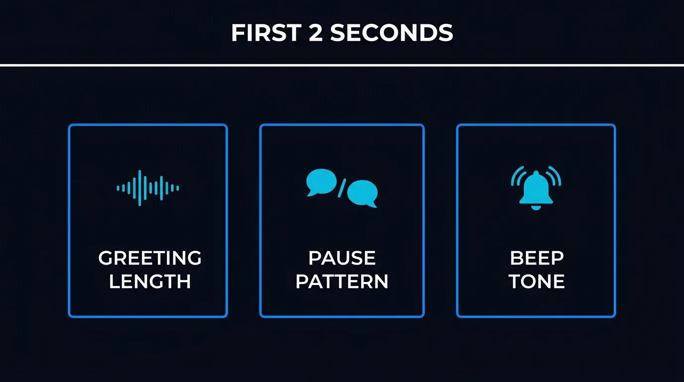 Three audio signals an AI agent reads to detect a machine: greeting length, pause pattern, and beep tone