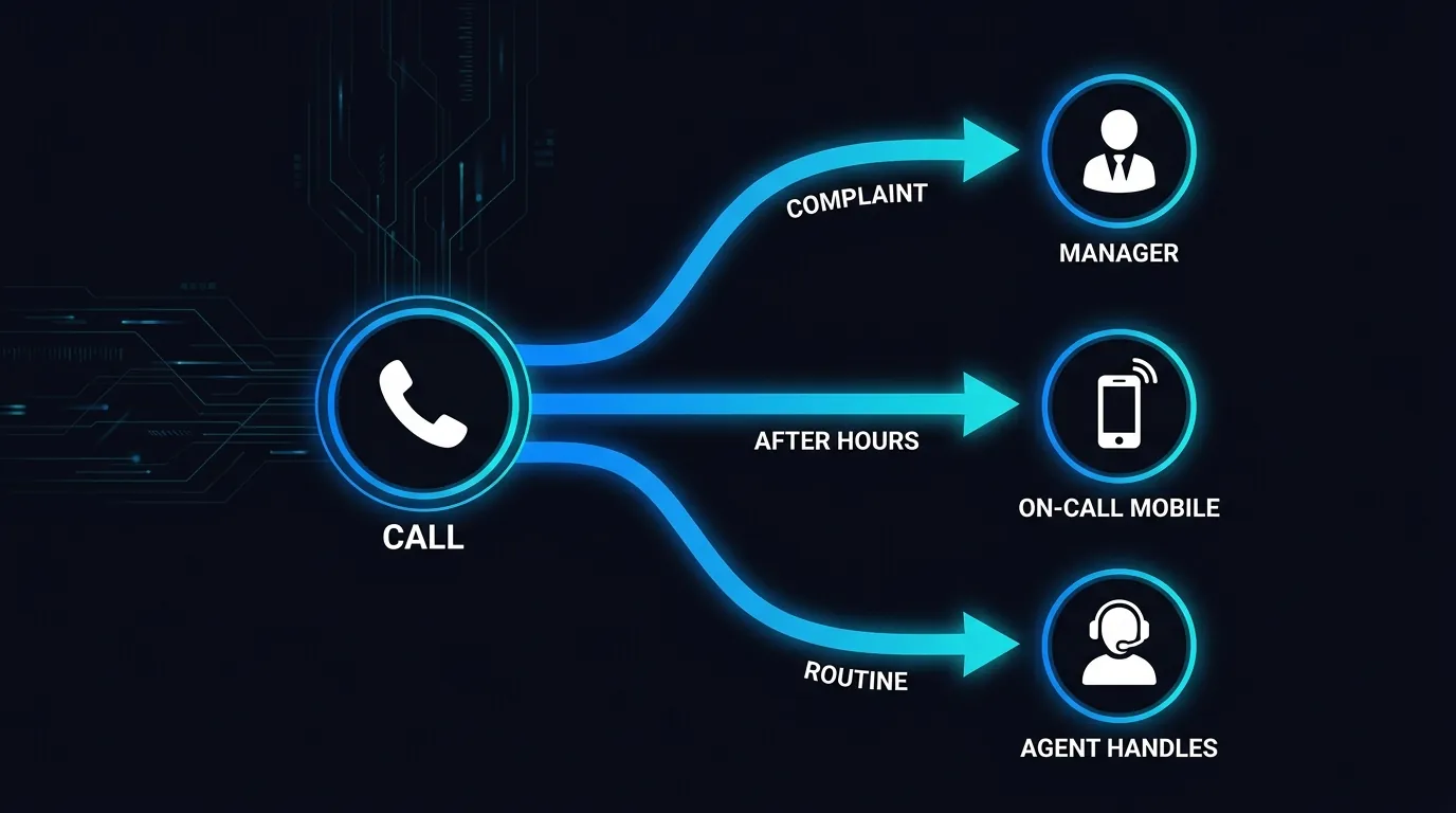 Infographic of warm transfer routing rules sending complaints to a manager and after-hours jobs to an on-call mobile