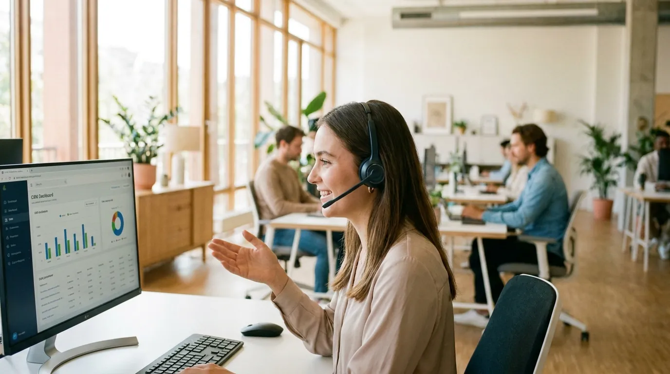 Young SDR mid-call on a sales floor, illustrating how a rep restarts cleanly after a receptionist or screening transfer