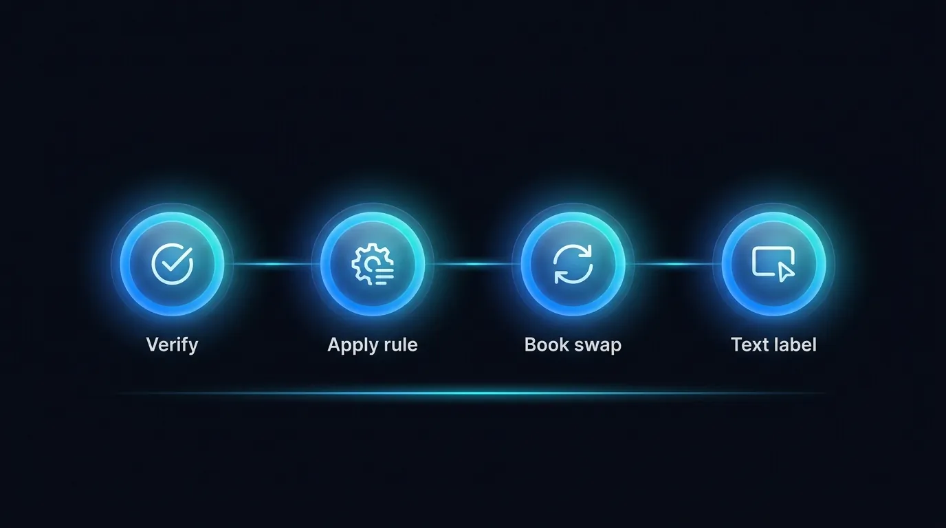 Four-step flow showing an AI agent verify order, apply policy, book exchange and send return label by text
