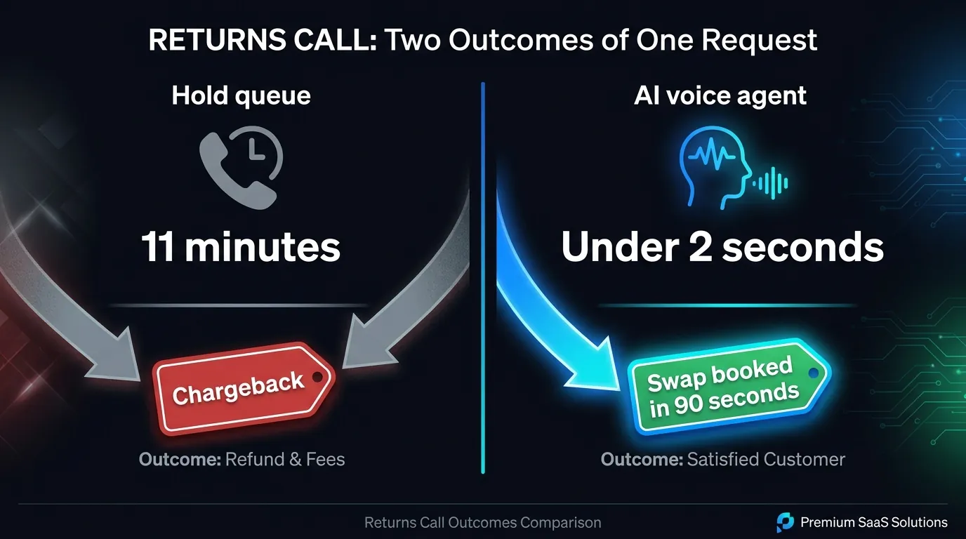 Diagram comparing an eleven-minute hold queue against a two-second AI voice agent answer for returns