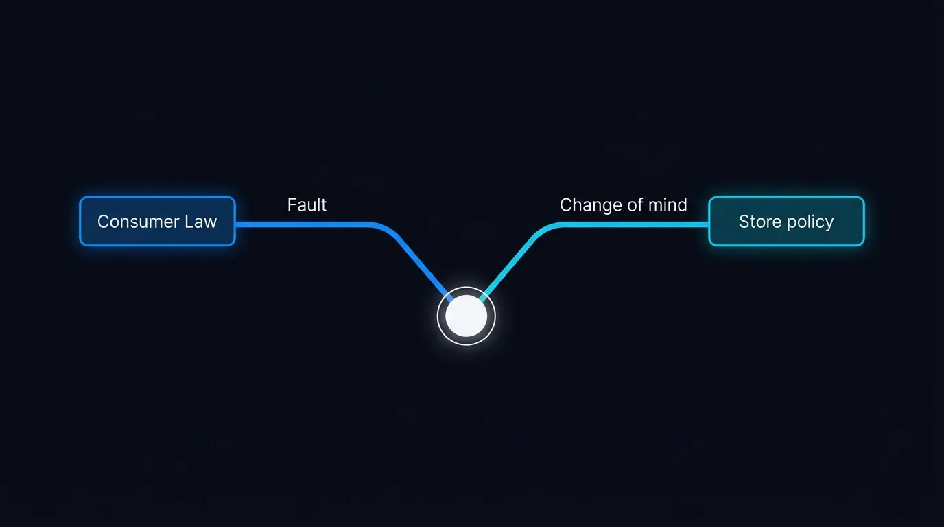 Decision split showing fault returns under consumer law versus change-of-mind returns under store policy