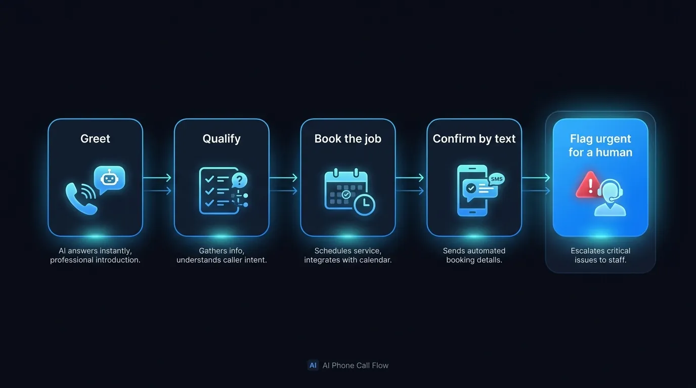 How an AI answering service handles a New Zealand or Australian inbound call from greeting to booking