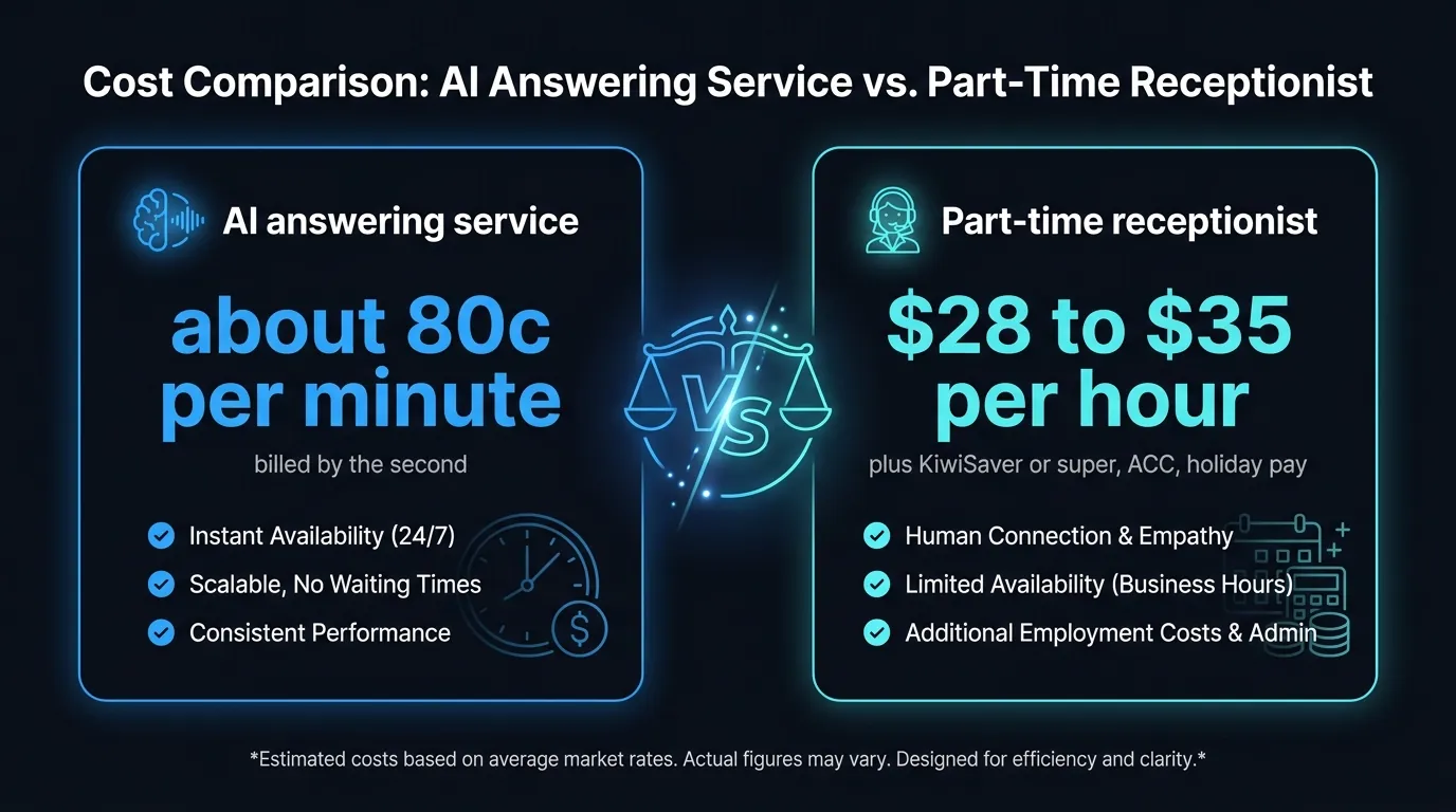 Cost of an AI answering service at about 80 cents per minute compared with a part time NZ or AU receptionist wage