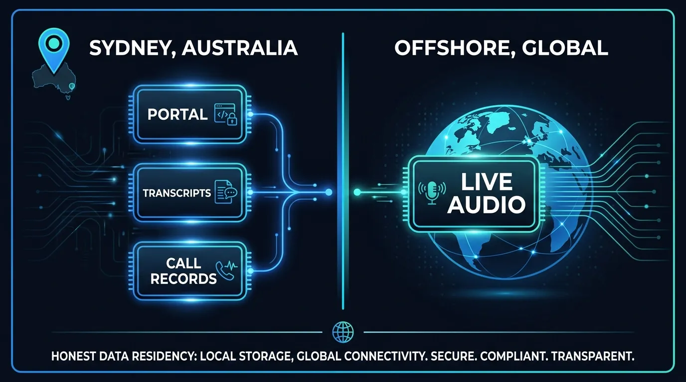 Honest data residency split for an AI answering service with Sydney portal and transcripts and offshore live audio