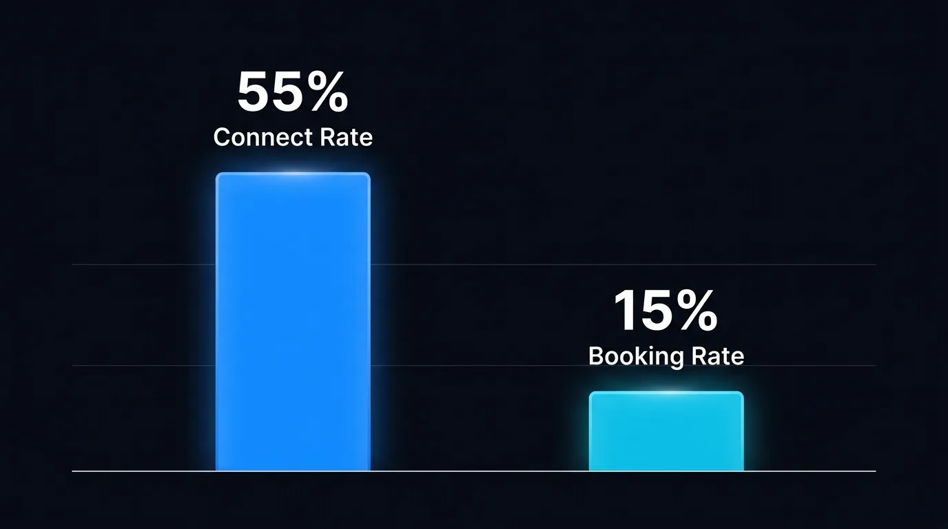 Side-by-side bars showing connect rate near 55 percent dwarfing a much smaller booking rate