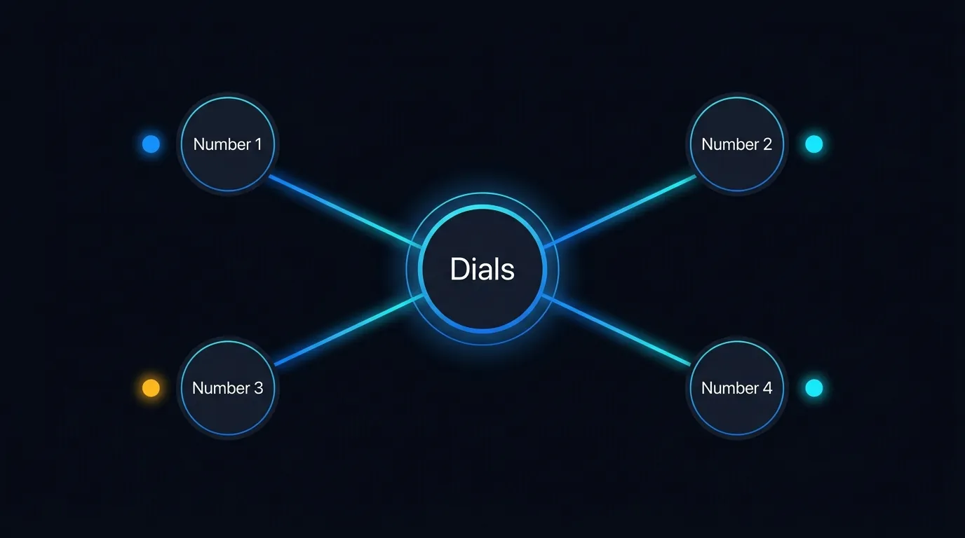 Diagram of dials spread across rotating phone numbers with answer rates monitored per number