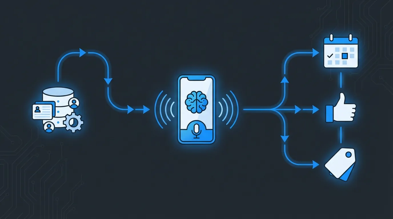 Integration flow diagram showing CRM to Waboom API to AI voice agent and back