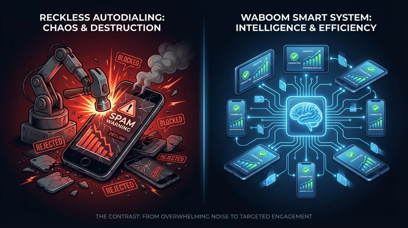 Comparison between dumb autodialer burning numbers vs Waboom smart AI calling system