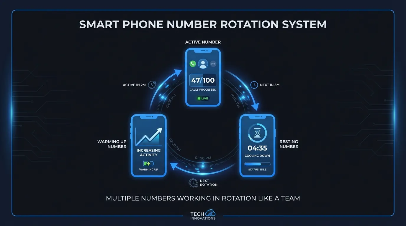 Smart phone number rotation system diagram showing multiple numbers working in parallel with cooldowns