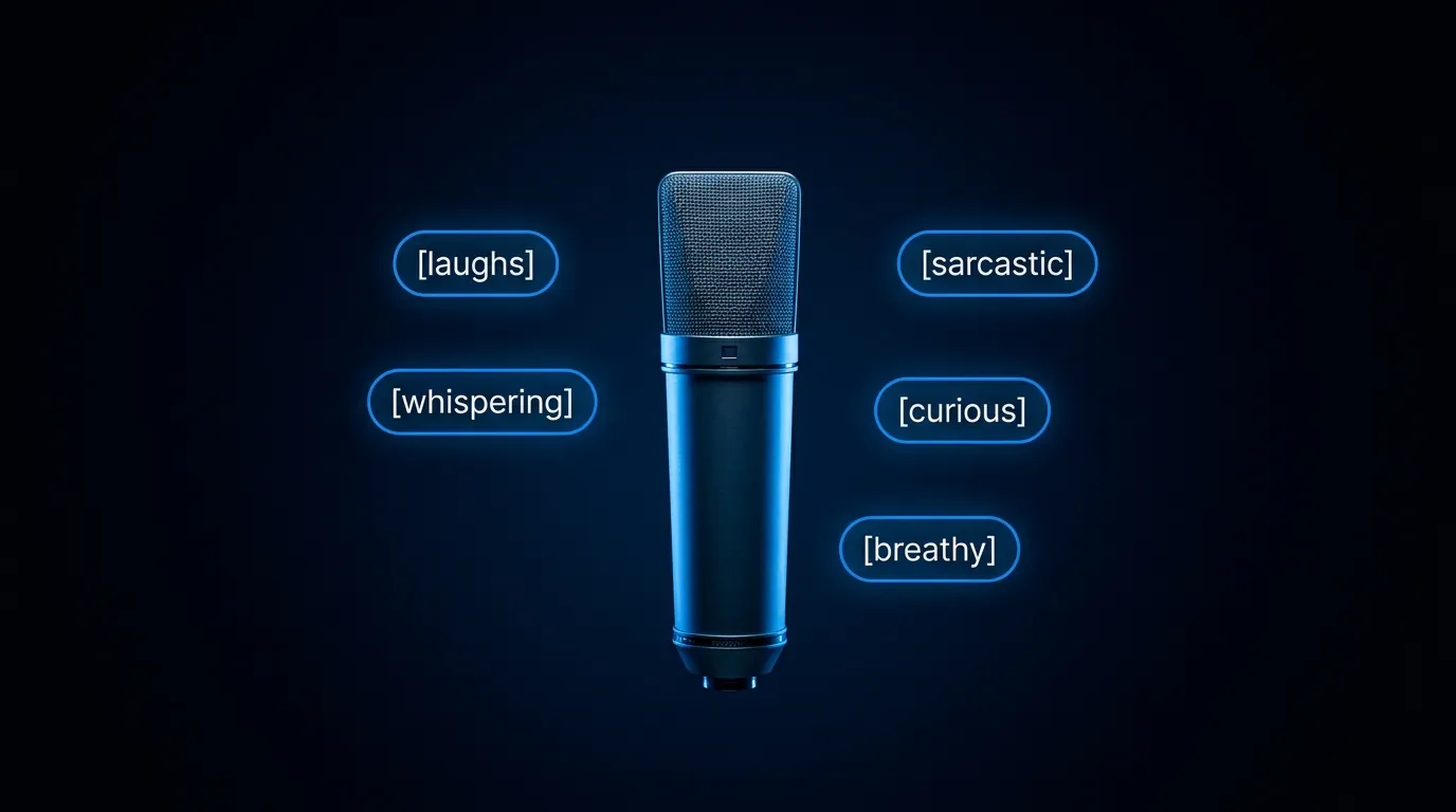 Studio condenser microphone surrounded by floating audio tag chips reading laughs, whispering, sarcastic, curious, and breathy