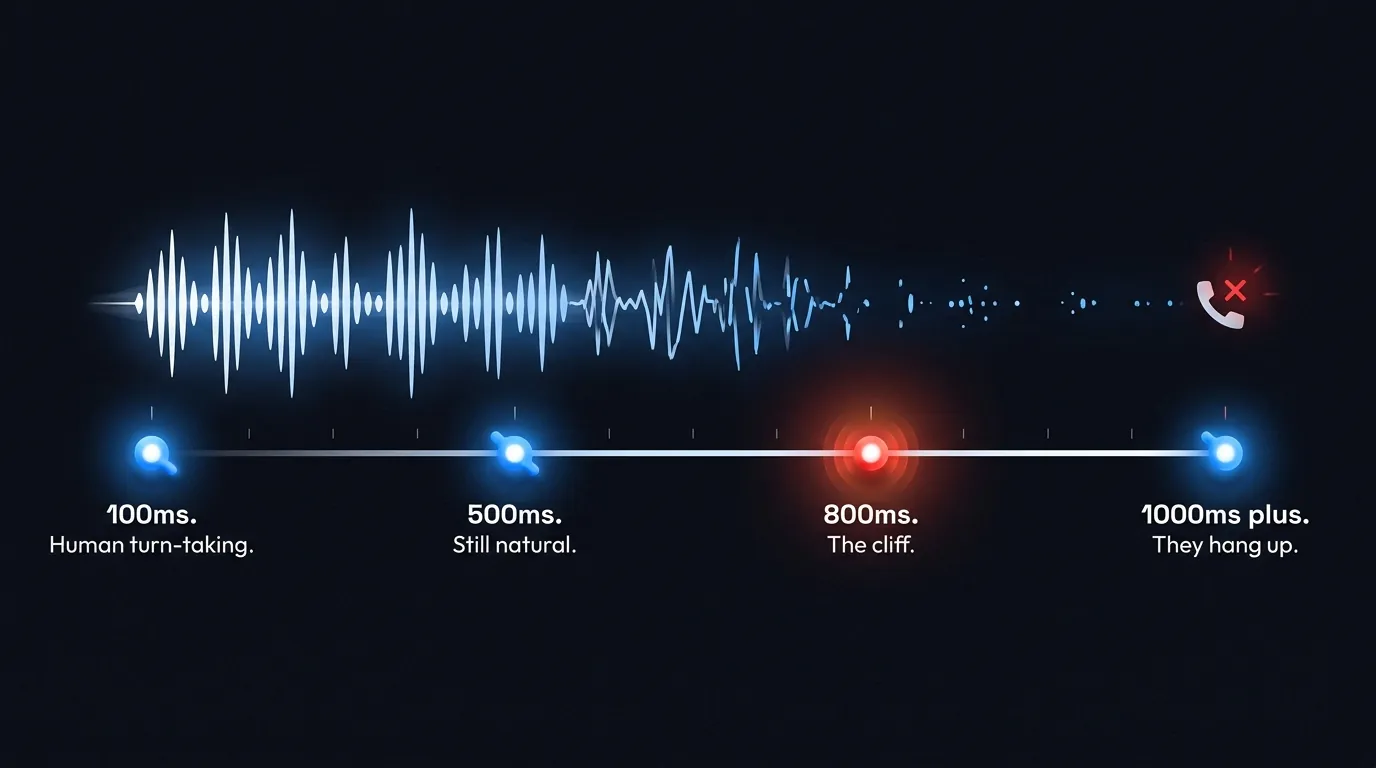 Conversational latency timeline showing markers at 100ms human turn-taking, 500ms still natural, 800ms the cliff, and 1000ms plus they hang up