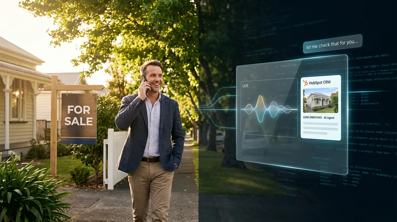 Real estate agent walking down an Auckland street on a phone call while an AI voice agent dashboard shows a CRM lookup running in parallel and the bubble that reads let me check that for you