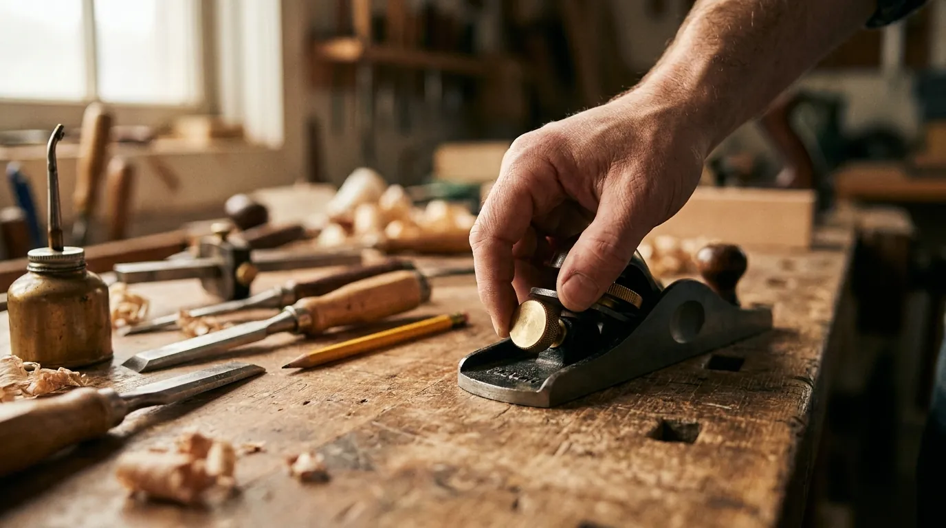 Hands tuning a precision dial on a craftsman workbench with woodworking tools laid out under warm directional light