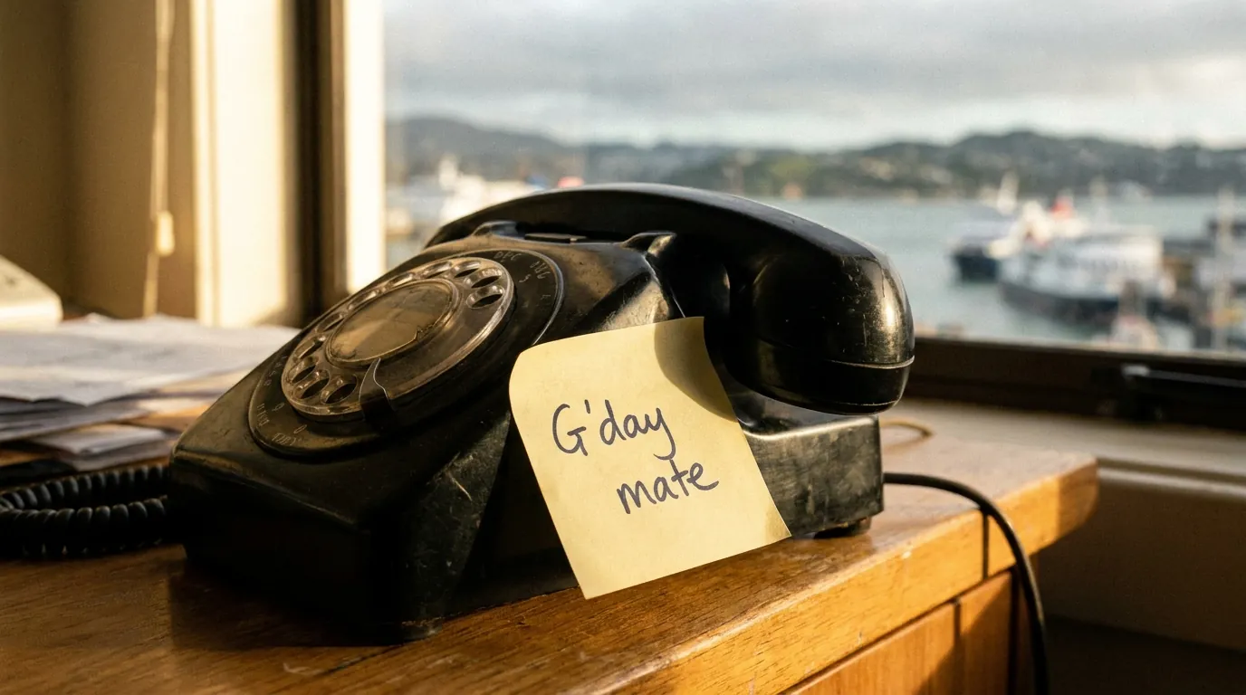 Vintage office desk telephone with a sticky note that reads G'day mate beside a window looking onto a New Zealand harbour