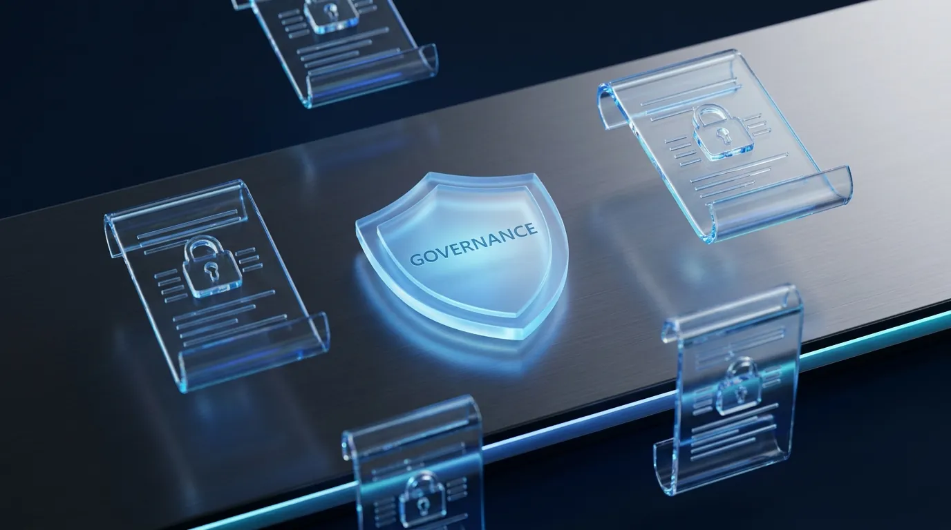 Glowing shield labelled Governance surrounded by glass-like compliance documents and padlocks on a dark navy background