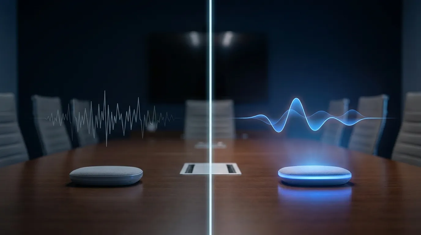 Split screen showing a flat grey monotone audio waveform on the left and a vibrant Waboom-blue conversational waveform on the right