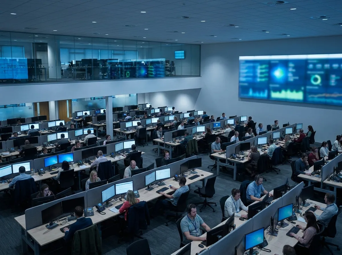 A large enterprise contact centre floor with many agent seats representing the per-seat platform tier