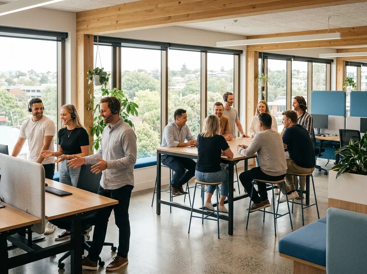 A small New Zealand office team using cloud phones representing the five-to-fifty seat tier