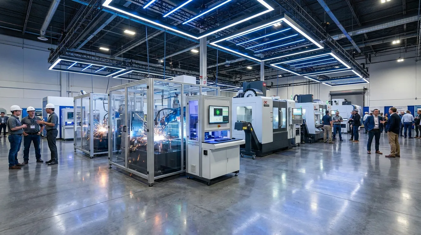 Robotic welding cell and CNC machines on the EMEX 2026 exhibition floor at Auckland Showgrounds