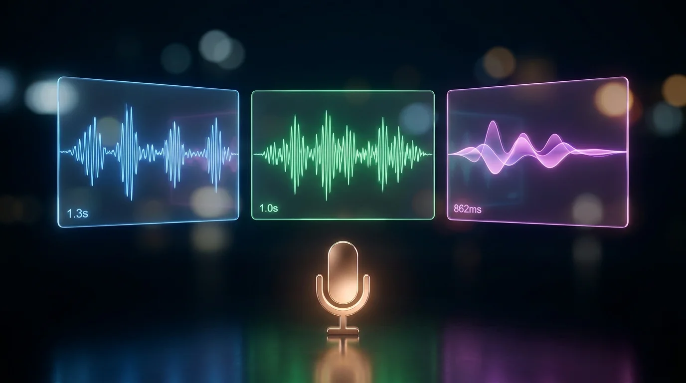 Three voice AI engines compared: GPT 4.1 default, GPT 4.1 Fast, GPT Realtime 1.5 — three soundwaves at different speeds