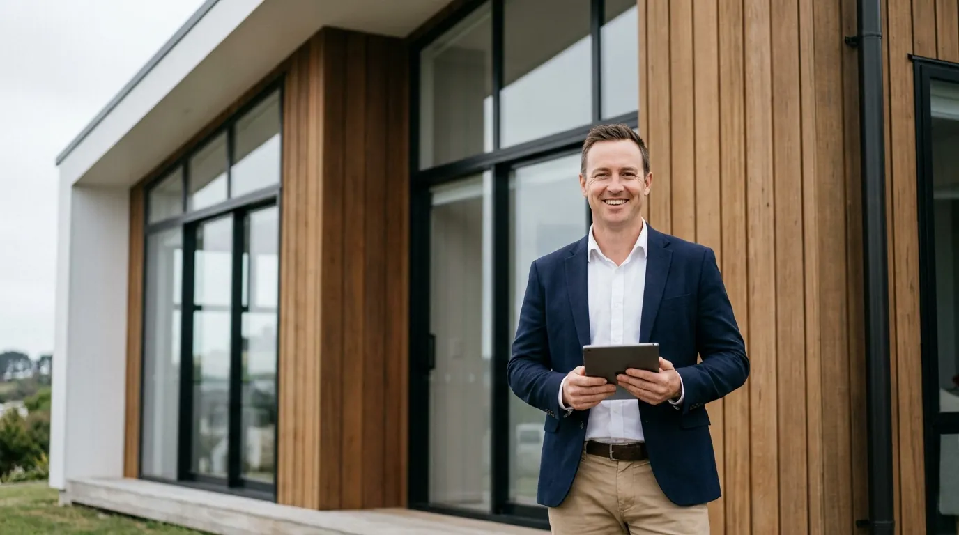Trans-Tasman home builder sales representative standing outside a modern show home holding a tablet, ready for warm callback