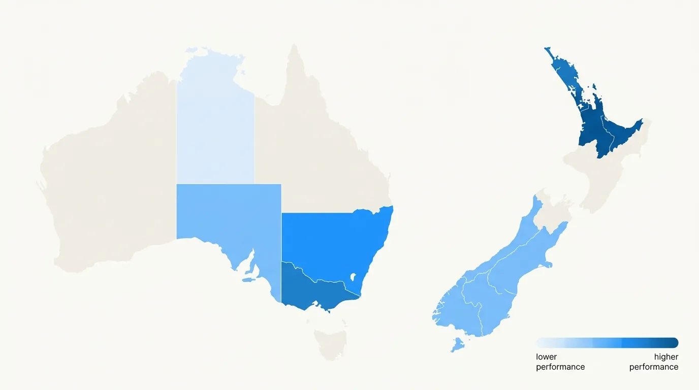 Trans-Tasman regional performance map showing varying intensity of warm callback rates and lost-to-competitor rates across NZ and Australia