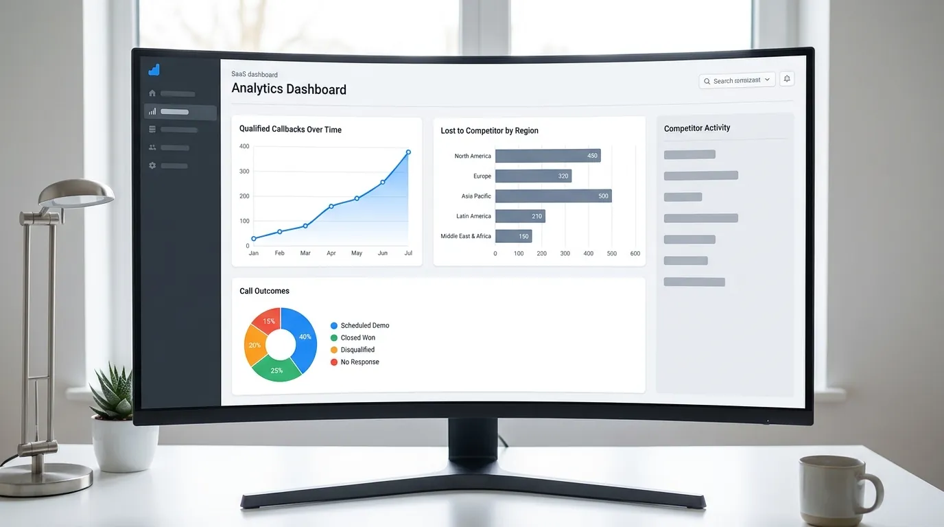 Waboom portal dashboard showing regional competitor losses, call outcomes, and qualified callback trends from the voice agent campaign