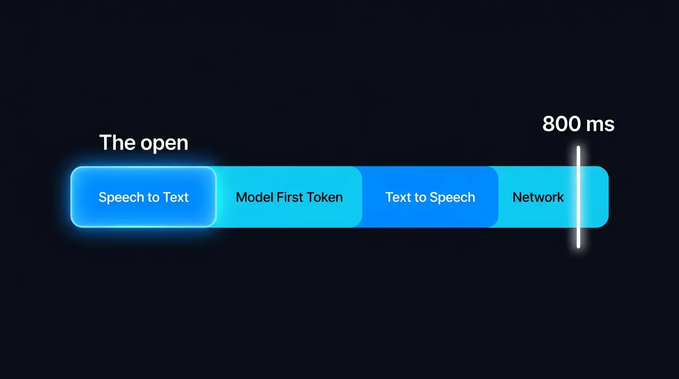 Latency budget bar showing speech-to-text, language model and text-to-speech stages summing under one second