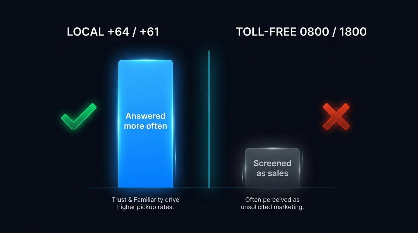 Comparison of local +64 and +61 numbers versus 0800 and 1800 toll-free numbers on call pickup
