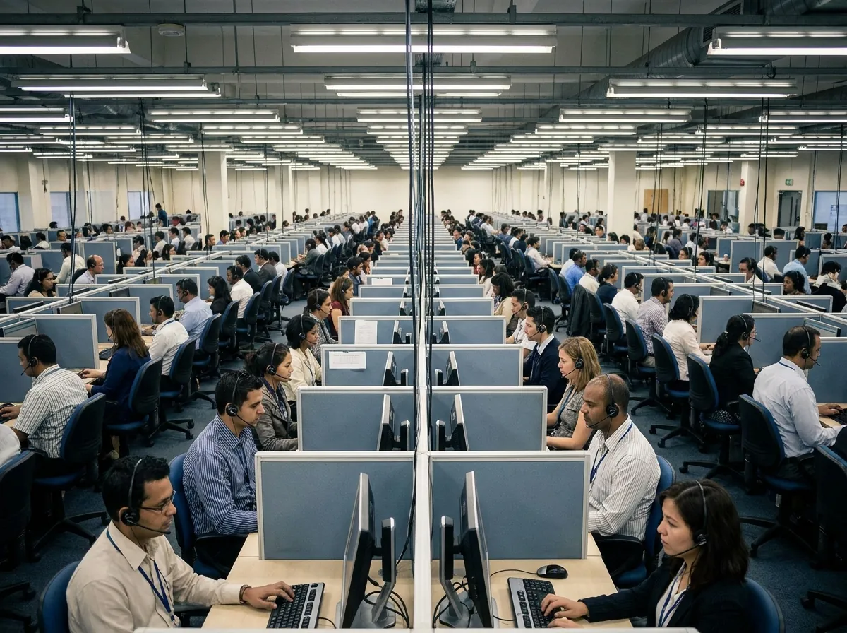 Rows of headset agents on a traditional outsourced call centre floor representing the high cost of human seats