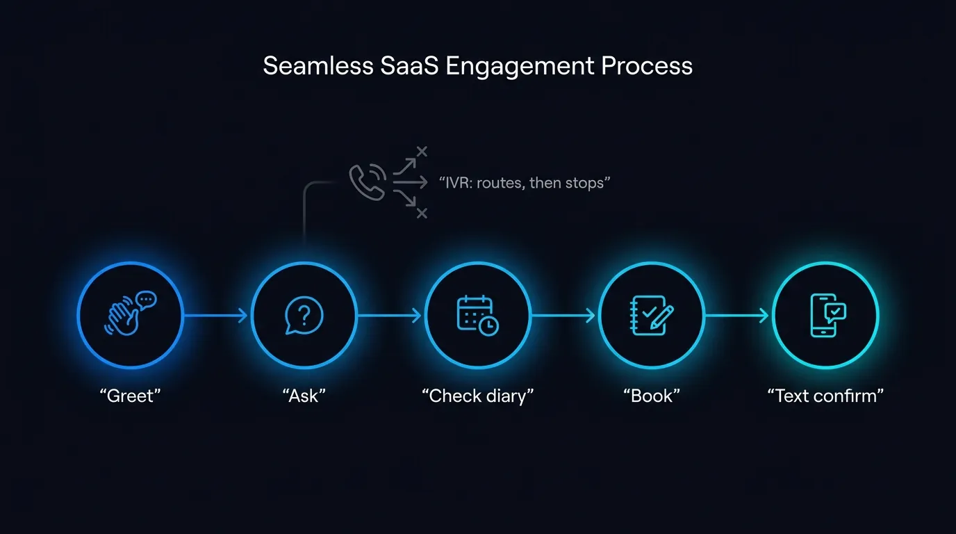 A generative AI voice agent completing a booking on the call: greet, ask, check diary, book, and text confirmation