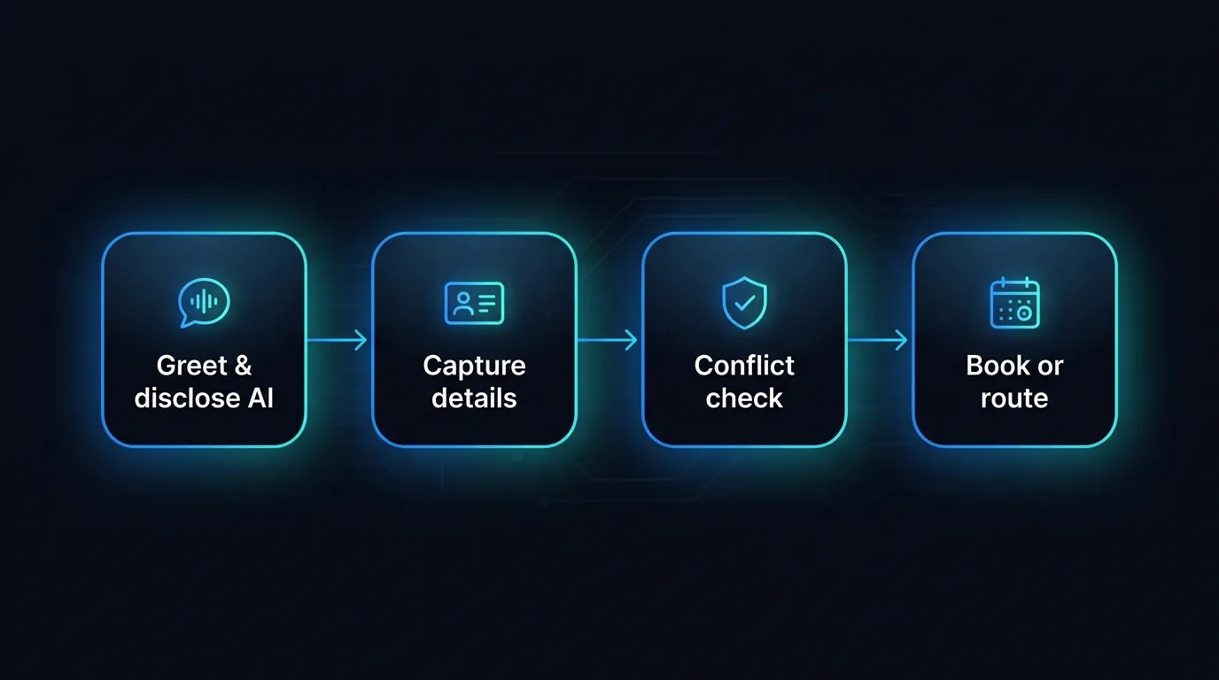Four-step intake flow showing greet and disclose, capture details, conflict check, then book or route