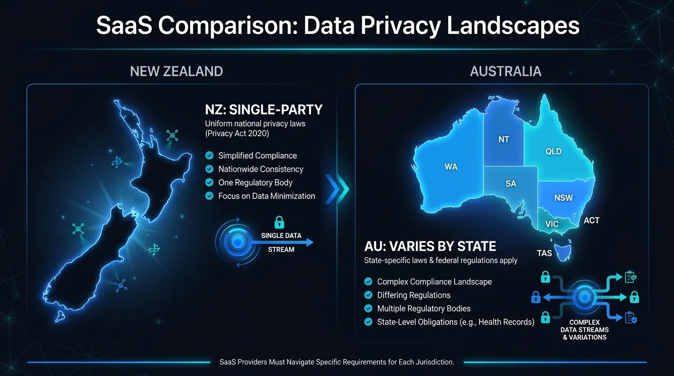 Map showing New Zealand single-party consent versus varying Australian state recording consent rules