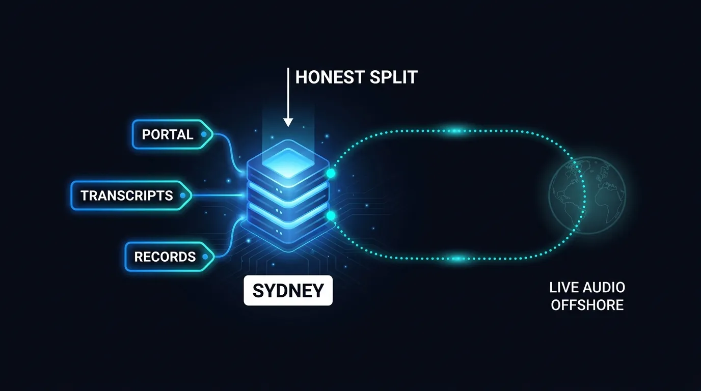 Diagram of call records stored on Sydney servers with live audio processed offshore during the call