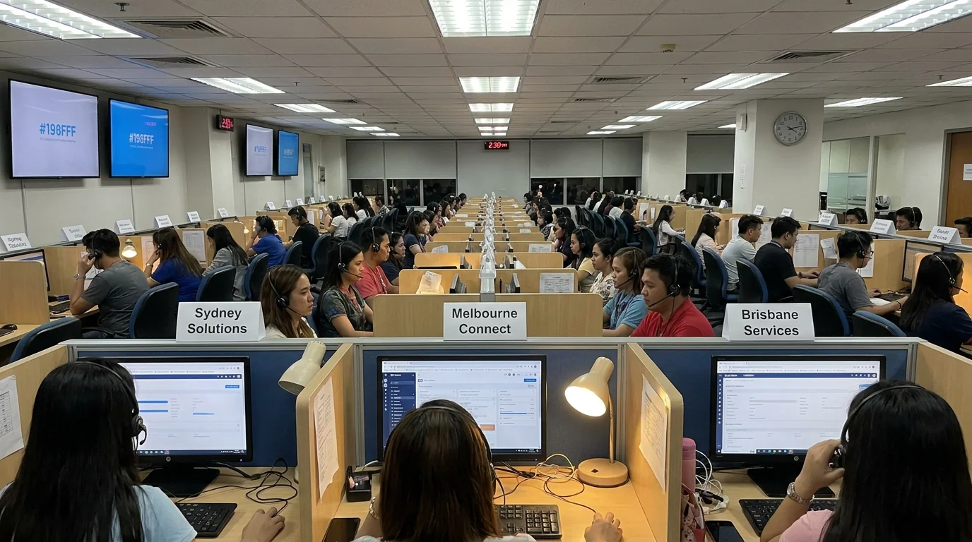 A Philippines call centre at night with Australian business name placards in front of headset operators