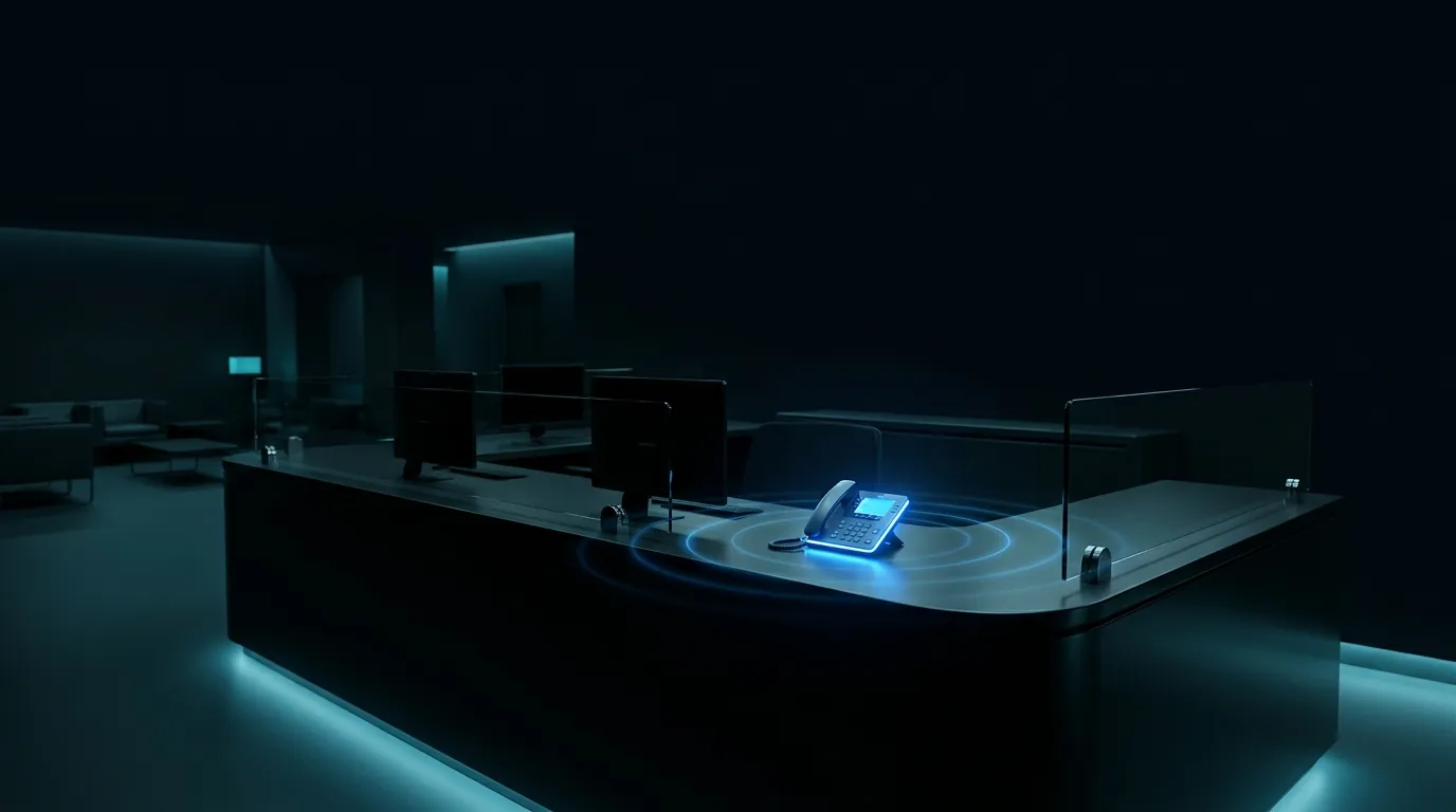 A clinic reception desk dark and empty at 9pm while an AI agent answers an incoming evening patient call