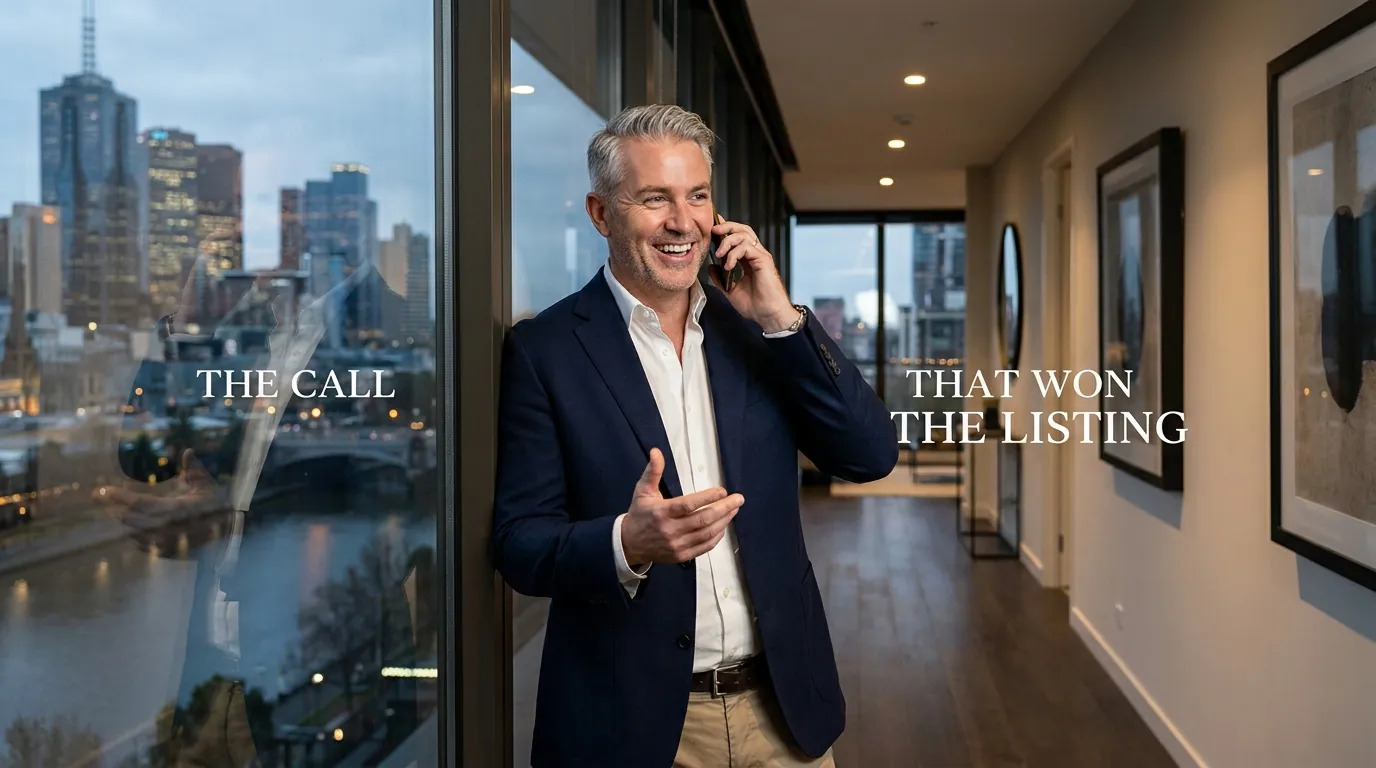 Melbourne real estate agent on the warm-transfer call from a Waboom AI voice agent, standing in a CBD apartment hallway at dusk