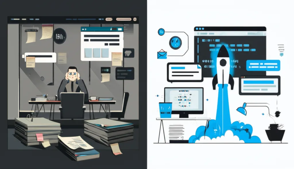 Split comparison showing the old way of software development with meetings, briefs and waiting versus the new way with Claude Code shipping instantly