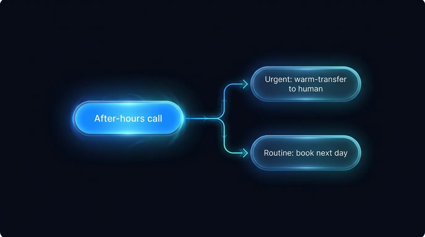 After-hours triage flow routing urgent calls to on-call human and routine calls to next-day bookings