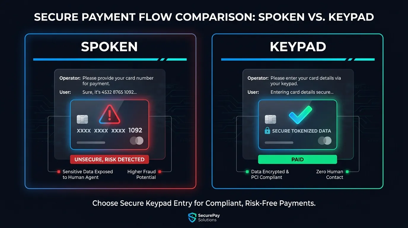 Comparison showing a spoken card number captured in the transcript versus keypad capture leaving the transcript clean