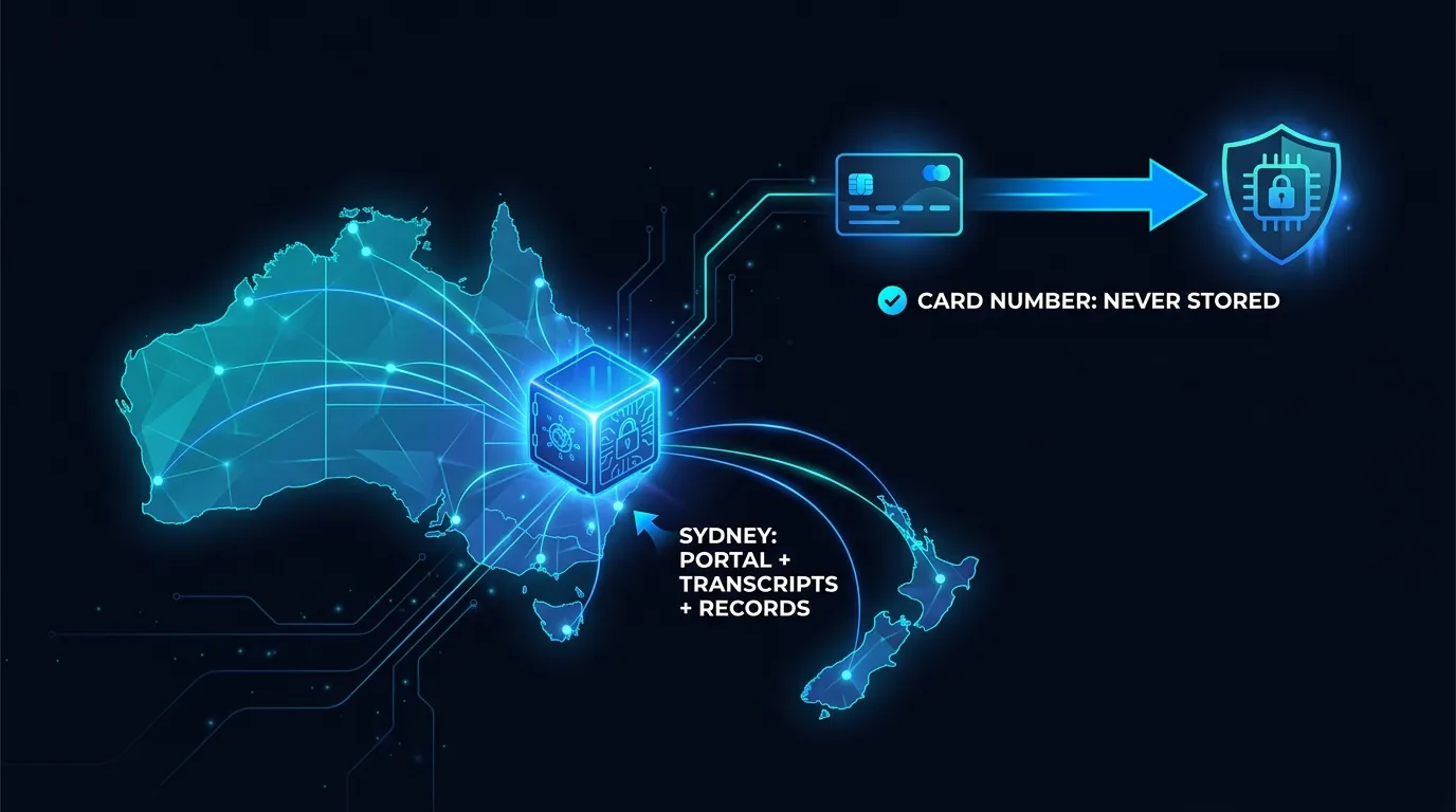 Map showing portal, transcripts and records in Sydney with card numbers sent straight to the processor and never stored