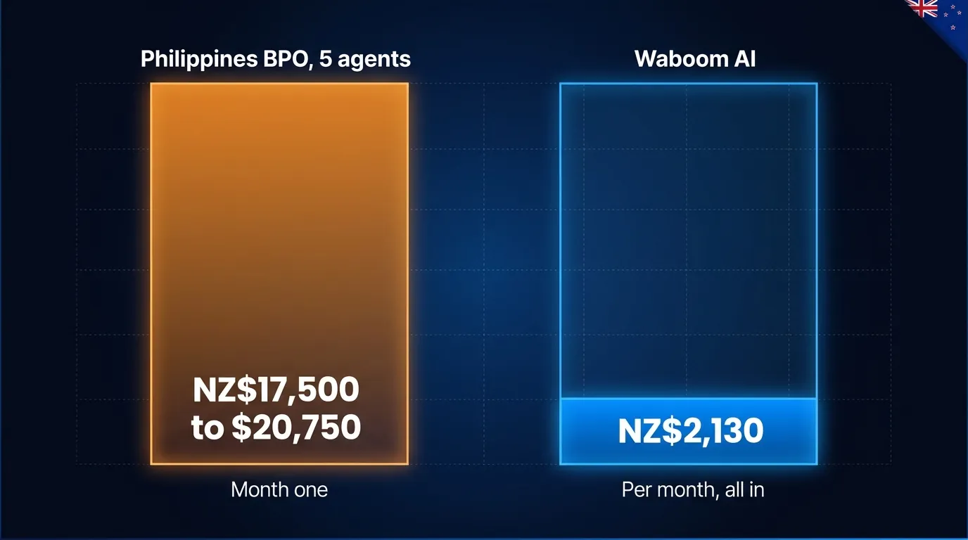 Philippines BPO month-one cost NZ$17,500 to $20,750 dwarfs Waboom AI voice agent NZ$2,130 a month for the same 5,000 outbound calls