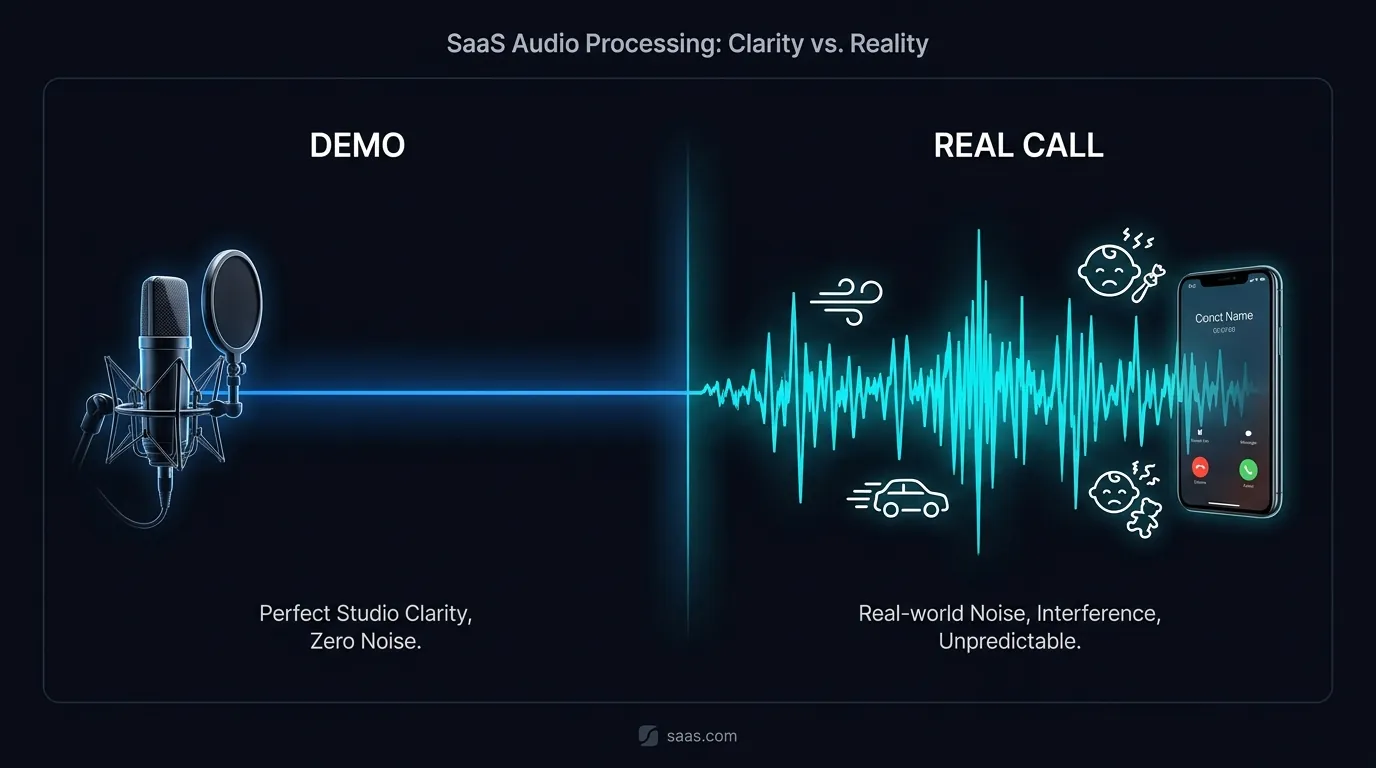 Split panel showing a quiet studio demo call versus a noisy real mobile call on a worksite